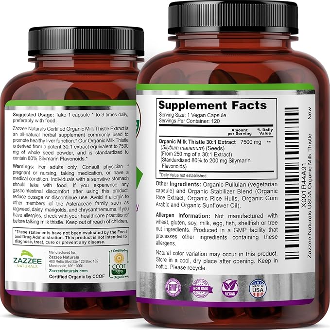 Zazzee USDA Organic Milk Thistle 30:1 Extract, 7500 mg Strength, 120 Vegan Capsules, 80% Silymarin Flavonoids, Standardized and Concentrated 30X Extract, 100% Vegetarian, All-Natural and Non-GMO