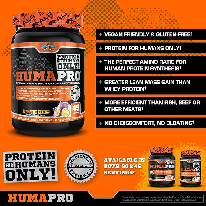 Humapro | Amino Acids Protein Matrix for Humans | 99% Utilization for Lean Muscle | Vegan, Gluten Free | 334g / 45 Servings (Passion Fruit)