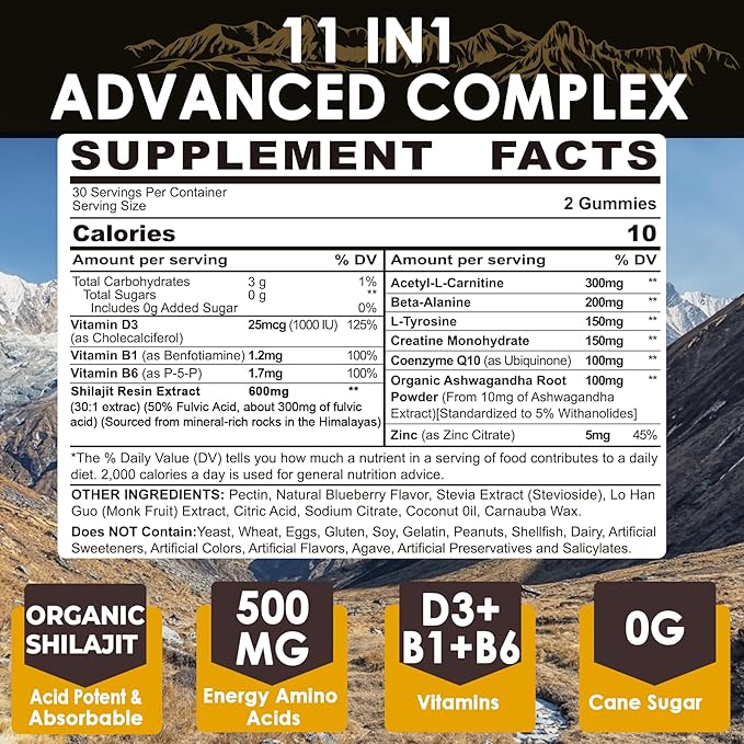 Men's & Women's Organic Shilajit Gummies Sugar Free with CoQ10, Ashwagandha, L-Tyrosine, B6 - Pure & Natural from Himalayan for Immune Support, Brain Function - 60 Count (Pack of 2)