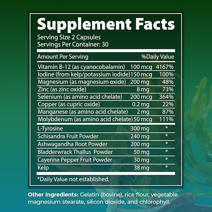 Daily Thyroid Boost Advanced Formula with Iodine Ashwagandha Vitamin B12 Zinc and Selenium for Energy Metabolism and Focus 60 Capsules