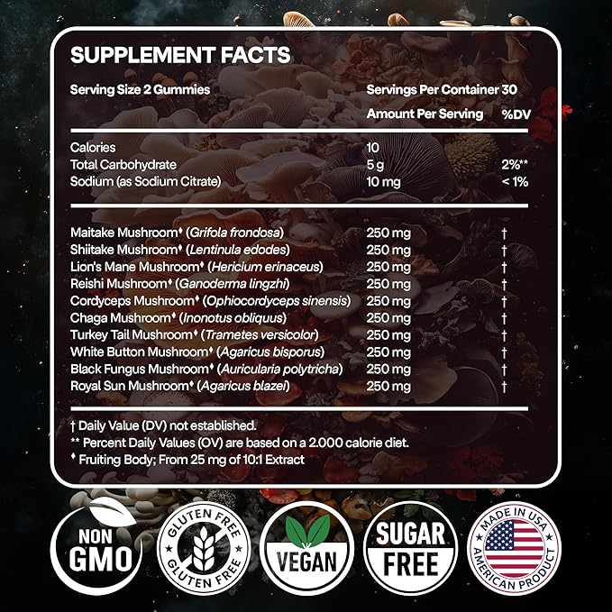 NAO Made in USA 10-in-1 Mushroom Gummies Nootropic – Premium Blend with Reishi, Lion’s Mane, Chaga, Cordyceps, Shiitake, Maitake & Turkey Tail for Brain, Immune & Energy Support –Non-GMO, Vegan