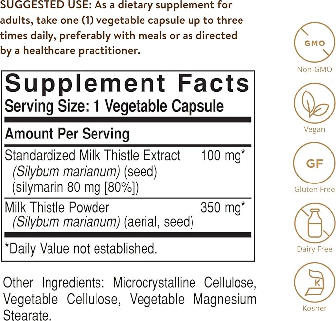 SOLGAR Milk Thistle - 250 Vegetable Capsules - Full Potency (FP) - Non-GMO, Vegan, Gluten Free, Dairy Free, Kosher - 250 Servings
