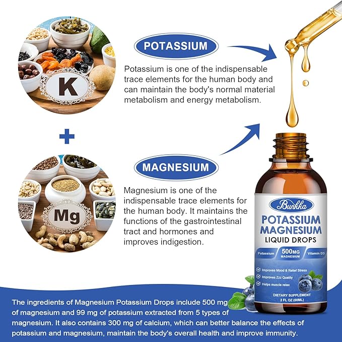 Potassium Magnesium Liquid Drops Supplement with Potassium, Magnesium,Calcium, Vitamin D3, Zinc, for Leg Cramps, Energy, Metabolism, for Adult and Kid,Sugar Free