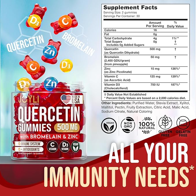 JOYLI Quercetin Gummies - Quercetin with Bromelain Zinc Vitamin C & Vitamin D3 - Quercetin Supplement 500MG for Immune System & Allergy - Quercetin for Kids and Adults - 60 Quercetin Chewable