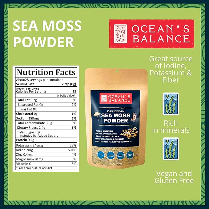 Ocean's Balance Clean Taste of Maine Sea Moss Powder (4oz) - Raw, Wildcrafted, Premium Quality - Supports Detox, Digestive Health, Immune System, Skin & Hair by Nature's Choice
