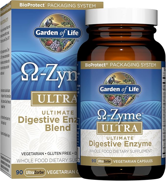 Garden of Life 21 Powerful Digestive Enzymes with Papain, Bromelain, Lipase, Ginger, Turmeric for Complete Digestion of Protein, Carbs & Fats – Omega-Zyme Ultra, Gluten-Free, Vegetarian, 90 Capsules