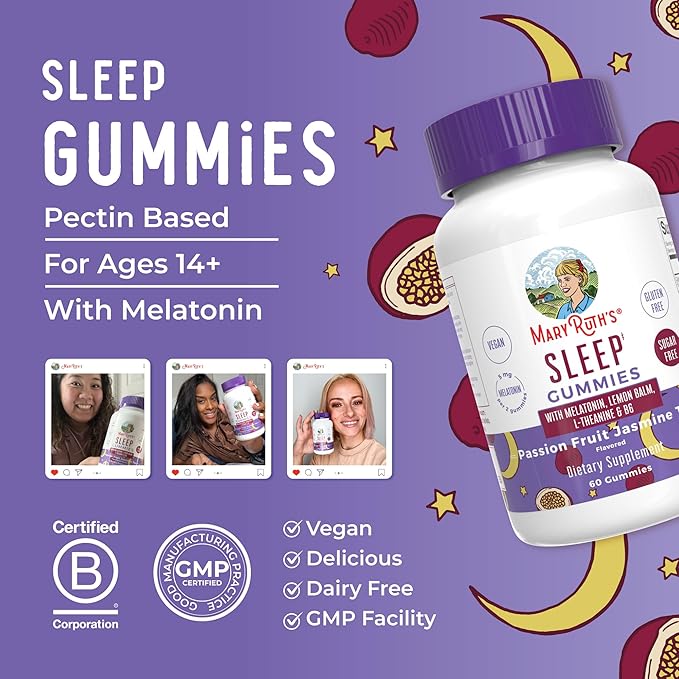 MaryRuth Organics Melatonin 5mg Sleep Gummy with L-Theanine | Lemon Balm | Vitamin B6 | Sugar-Free | Relaxation | Vegan | Non-GMO | Gluten Free | 60 Count
