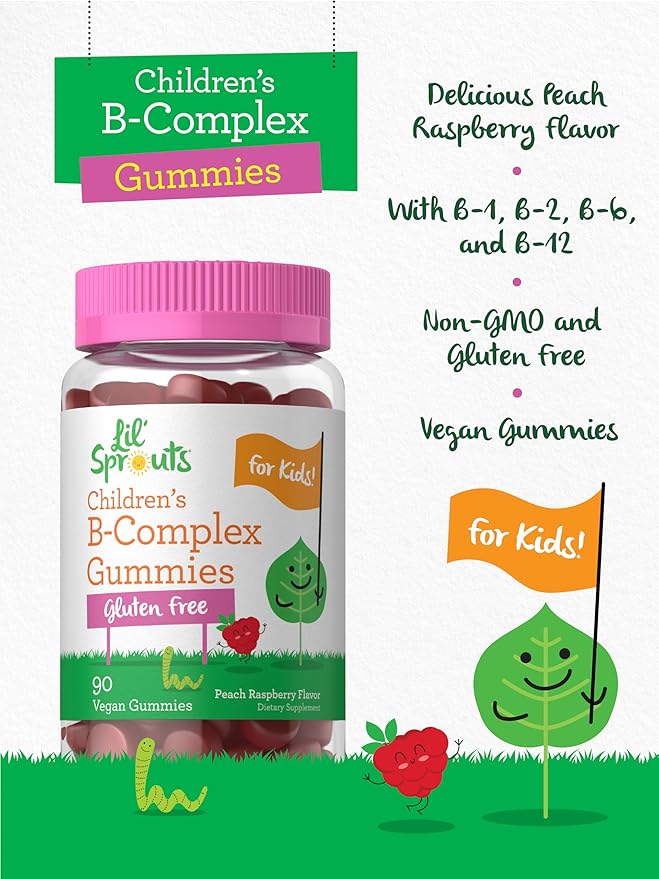 Carlyle Kids B Complex Gummies | 90 Count | Peach Raspberry Flavor | Non-GMO, Gluten Free & Vegan Supplement | Lil' Sprouts