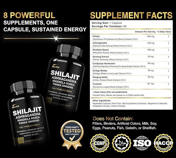 8-in-1 Shilajit for Men with Ashwaganda Himalayan Organic Supplement with Rhodiola Rosea, Ginseng, Turmeric, Mushroom Extract, for Immune Support, Energy, Calm, Focus, Clarity, Sleep, Cortisol