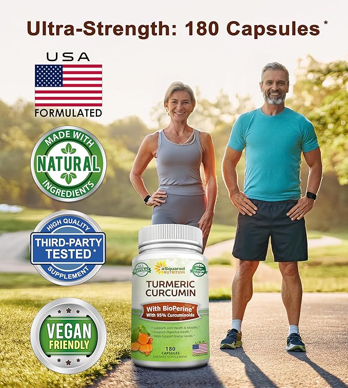 aSquared Nutrition Turmeric Curcumin 1600mg with BioPerine Black Pepper Extract - 180 Capsules with 95% Curcuminoids, 100% Natural Tumeric Root Powder Supplements, Natural Joint Stiffness Relief Pills