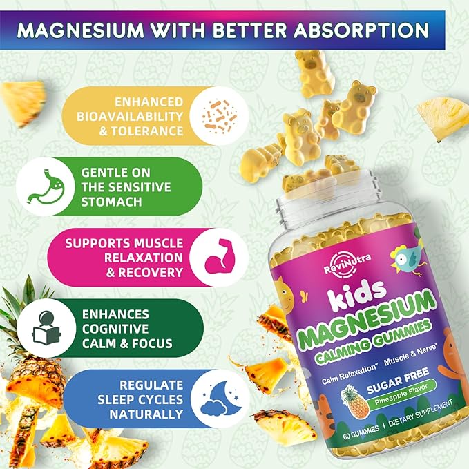 Kids Magnesium Gummies, Magnesium Glycinate, L-Threonate Gummies for Kids & Adults with L-Theanine, Chamomile, Licorice, Vitamin D, B6 for Sleep, Relaxation, Brain & Muscle, Sugar Free Pineapple 60ct