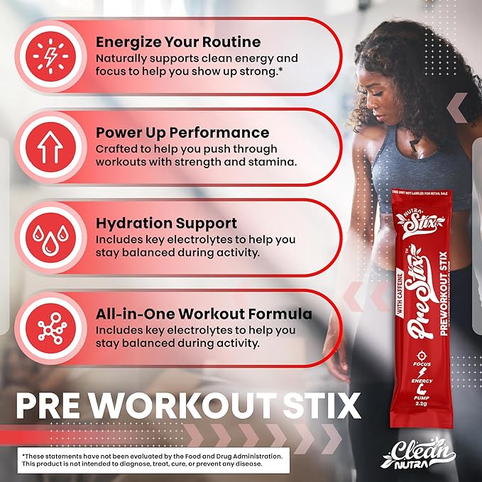 Clean Nutra Pre Workout Powder – Creatine Monohydrate, Caffeine, Citrulline Malate, Beta Alanine, L Carnitine, Taurine, Tyrosine, Electrolytes, Focus, Pump, Energy – 20 Powder Stix