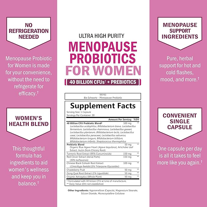 Menopause Supplements for Women - 40 Billion CFU Menopause Probiotics for Women - Support for Hot Flashes Night Sweats Mood Swings and Balance - Non-GMO, 30 Easy-Swallow Capsules, 30 Servings