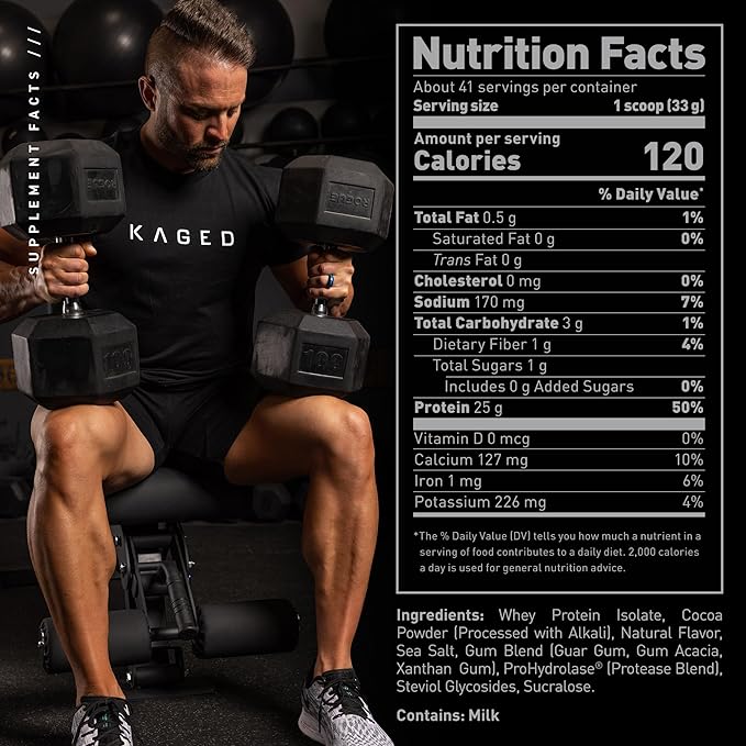 Kaged Whey Protein Isolate Powder, Chocolate, 100% Pure Low Lactose Whey, Post Workout Recovery Drink, Supports Muscle-Building, 25g per Serving, Amazing Taste, Easy Mix for Shakes, 41 Serving