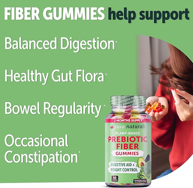 Yuve Prebiotic Fiber Gummies - Delicious - 3g Soluble Fiber Supplement - Supports Digestive Health & Regularity - Vegan & Gluten-Free Fiber Gummies for Adults & Kids - Non-GMO & Low Sugar - 60 Count