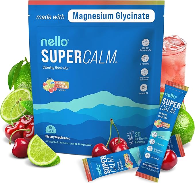 Supercalm Drink Mix - Ashwagandha KSM 66, Magnesium Glycinate & L-Theanine Supplement - Ashwagandha Root Extract - Focus and Relaxation Support (20 Travel Packets) - Cherry Limeade