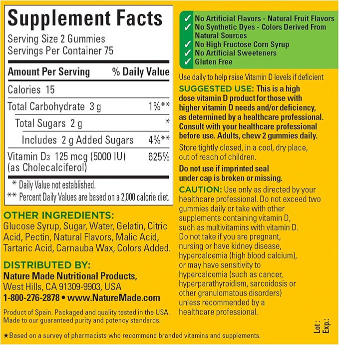 Nature Made Extra Strength Vitamin D3 5000 IU (125 mcg) per Serving, Dietary Supplement for Bone, Teeth, Muscle and Immune Health Support, 150 Gummies, 75 Day Supply (Pack of 2)
