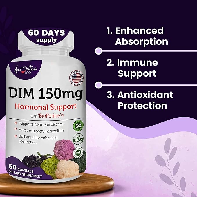 Women’s DIM Complex 150mg - Bioperine Estrogen Balancing Pills for Menopause & Hot Flashes Relief Support Hormonal Acne Powerful Supplement - 60 Capsules - Made in USA