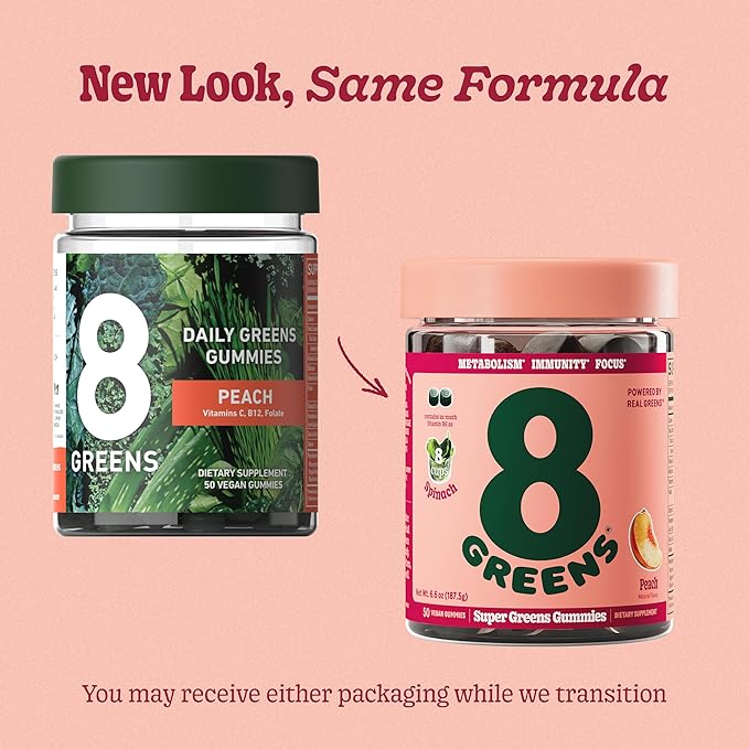 8Greens Supergreens Gummies | Super Greens Powder Superfood Gummy for Metabolism, Immunity & Focus, Digestive Health Enzymes, Organic: Chlorella, Spirulina, Aloe Vera, Peach Flavor, 300 Count