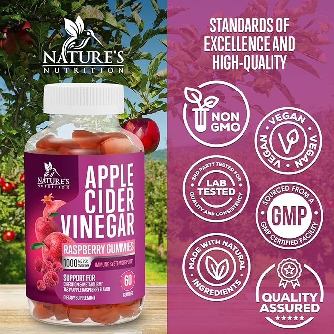 Vegan Apple Cider Vinegar Gummies 1000mg for Detox & Cleanse, ACV Gummy Vitamin B12 for Digestion Metabolism & Immune Health Support, Natural Apple Raspberry Flavor, Gluten Free - 60 Gummies