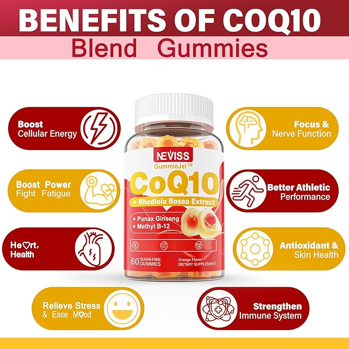 NEVISS Sugar Free CoQ10 Filled Gummies with Vitamin B12 1000mcg, Rhodiola Rosea and Panax Ginseng Extract, Vitamin B6, Coenzyme Q10 Supplement, 2 Pack