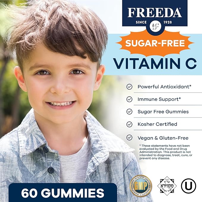 FREEDA Vitamin C Kids Vitamin C Gummies - Kids Sugar Free VIT C Gummy Chewable for Adults, Teens & Children - Certified Kosher, Delicious Orange Flavor, Zero Sugar Immune Support Supplement (60 Ct)