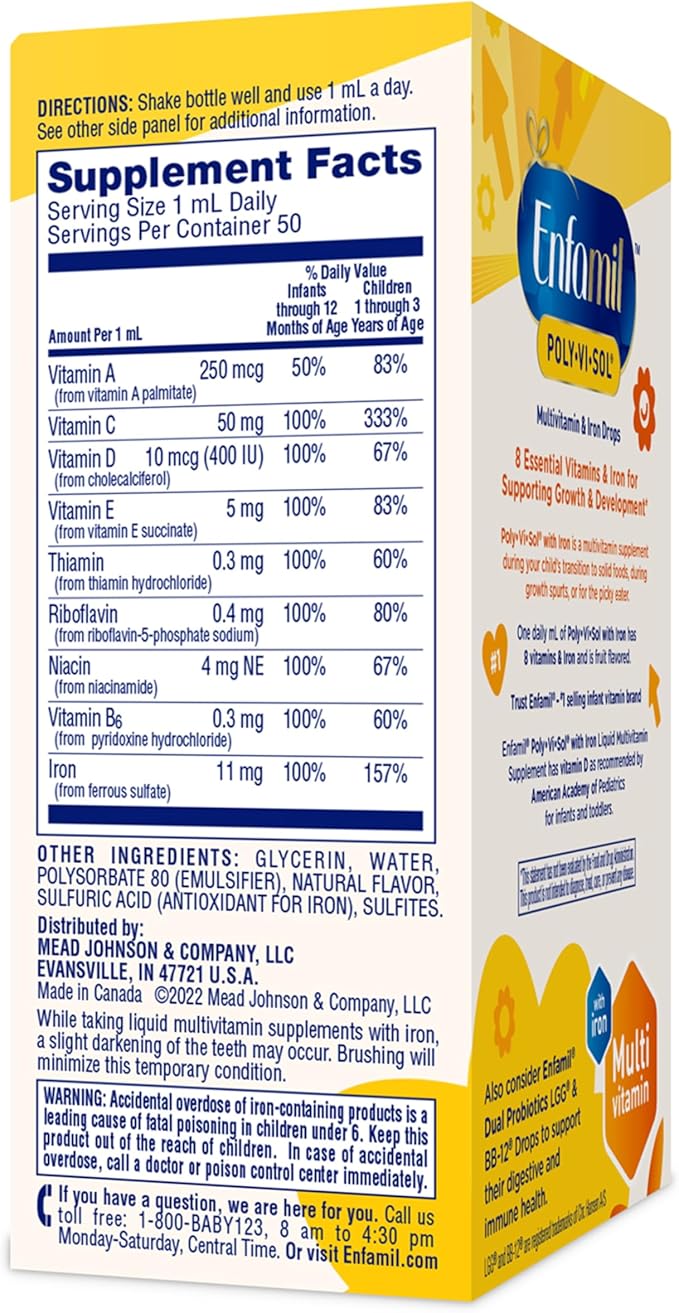 Enfamil Poly-Vi-Sol with Iron Liquid Multivitamin Drops, Supports Growth & Development*, 50mL Bottle (Pack of 3)
