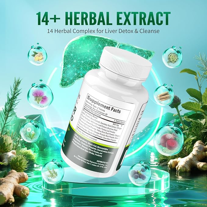 Advanced Liver Cleanse Detox & Repair - Herbal Liver Support with 14-in-1 Herbs-Silymarin Milk Thisitle with Dandelion, Artichoke, Ginger, Boost Energy & Digestive, 60 Tablets
