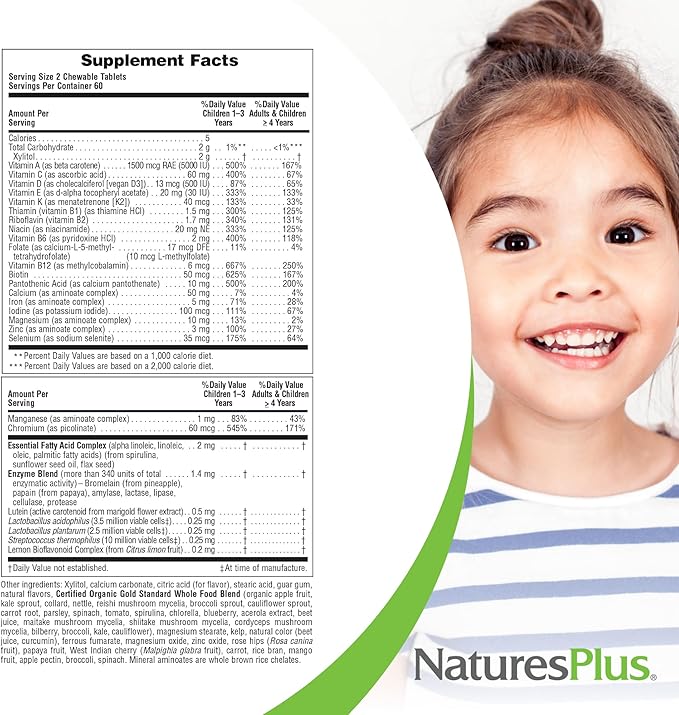 Natures Plus Animal Parade Gold Multivitamin Children’s Chewables - Watermelon Flavor - 120 Animal-Shaped Tablets - Vitamin D3, K2 & Probiotics - Vegan, Gluten Free - 60 Total Servings