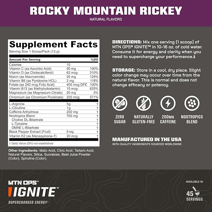 MTN OPS Ignite Energy Drink Powder, Gluten Free Nitric Oxide Supplement Drink Mix, L Arginine, L Citrulline, Caffeine & Nootropic Sugar Free Drink Mix, 45 Servings, Rocky Mountain Rickey