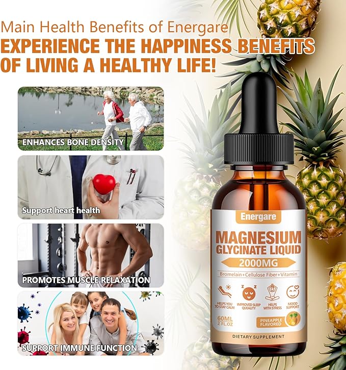 2 Pack 2000MG Magnesium Glycinate Liquid Drops Supplement for Kids & Adults - Cellulose Fiber, Bromelain, Vitamin B6, C, D, Zinc - Energy, Sleep, Clam, Pineapple Flavor, 4 Fl oz