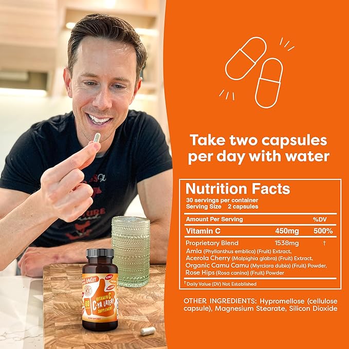 FlavCity Vitamin C Supplement, C-Ya Later! Superfood-Derived Immunity Support - Bioavailable Vitamin C Immune Support from Acerola Cherry, Rose HIPS & Camu Camu - 500% Daily Value (60 Capsules)