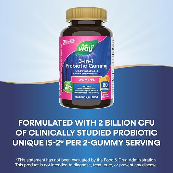 Nature's Way 3-in-1 Women’s Probiotic Gummies, Reduces Occasional Bloating*, Supports Digestive & Vaginal Health*, Clinically Studied Probiotic Strain, Gluten Free, Orange Flavored, 60 Gummies