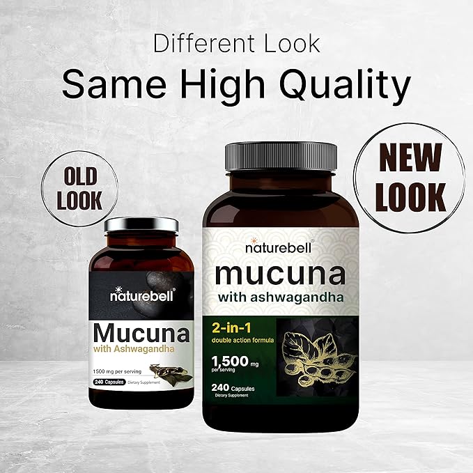 2 Pack NatureBell Mucuna Pruriens Capsules, 1500mg Per Serving, Made with Mucuna and Ashwagandha, 480 Capsules, 2 in 1 Formula, Contains Mucuna Pruriens Seeds for Mood Mind and Brain Health