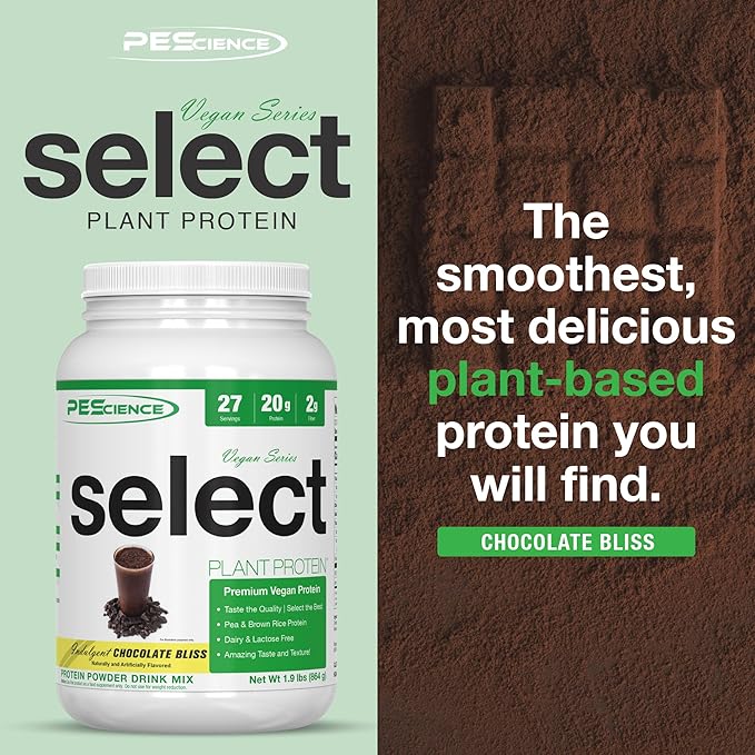 PEScience Select Vegan Plant Based Protein Powder, Chocolate, 27 Serving, Pea and Brown Rice Blend