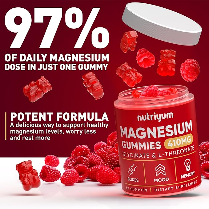Magnesium Glycinate Gummies for Adults & Kids - 410mg Elemental Magnesium L-Threonate Chewables for Bones & Memory Support, Calm Mood - 2 Month Supply Magnesium Gummies Supplement Complex - 60 pcs