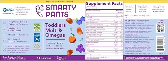 SmartyPants Toddler Multivitamin Gummies: Omega 3 Fish Oil (EPA/DHA), Vitamin D3, C, Vitamin B12, B6, A, K & Zinc, Biotin, Beta Carotene, Gluten Free, Three Fruit Flavors, 90 Count (30 Day Supply)