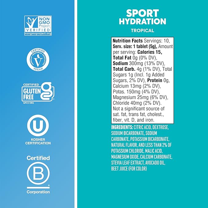 Nuun Sport Electrolyte Tablets - Dissolvable in Water, Tropical, 5 Essential Electrolytes for Hydration, 1g Sugar Drink Mix, Vegan, Non-GMO, 8 Pack (80 Total Servings)
