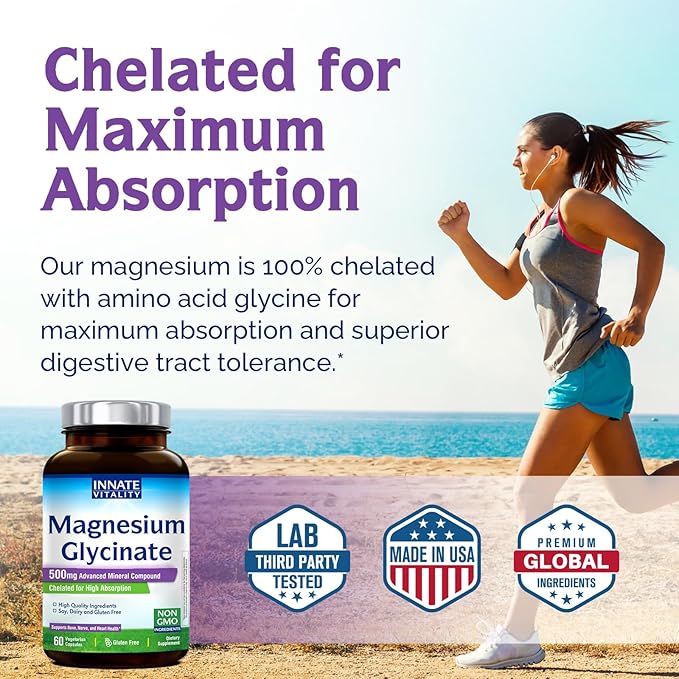 Innate Vitality Magnesium Glycinate 500mg | 70mg Elemental Magnesium Supplement- High Absorption, Non Buffered, Non-GMO & No Gluten - Nerve, Bone & Heart Health - 60 Vegan Capsules Magnesio
