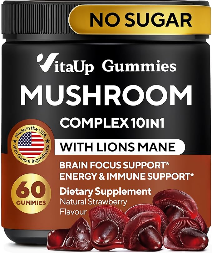 Mushroom Gummies for Adults - USA Made 10 in 1 Mushroom Supplement - Mushroom Complex with Lions Mane, Cordyceps, Turkey Tail, Reishi, Shiitake for Cognitive & Immune Support - 60 Count