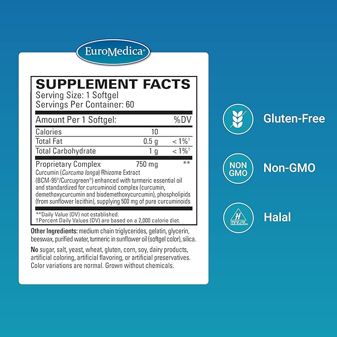 Euromedica CuraPro - Antioxidant Supplement for Brain & Cardiovascular Health Support - Herbal Supplement with Curcumin - Dietary Immune Support Supplement - 60 Softgels