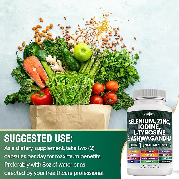 NEW AGE Selenium, Zinc, Iodine, L Tyrosine, Ashwagandha - Supplement for Women and Men with Bladderwrack, Turmeric, Silica Kelp, Schisandra - 120 Count