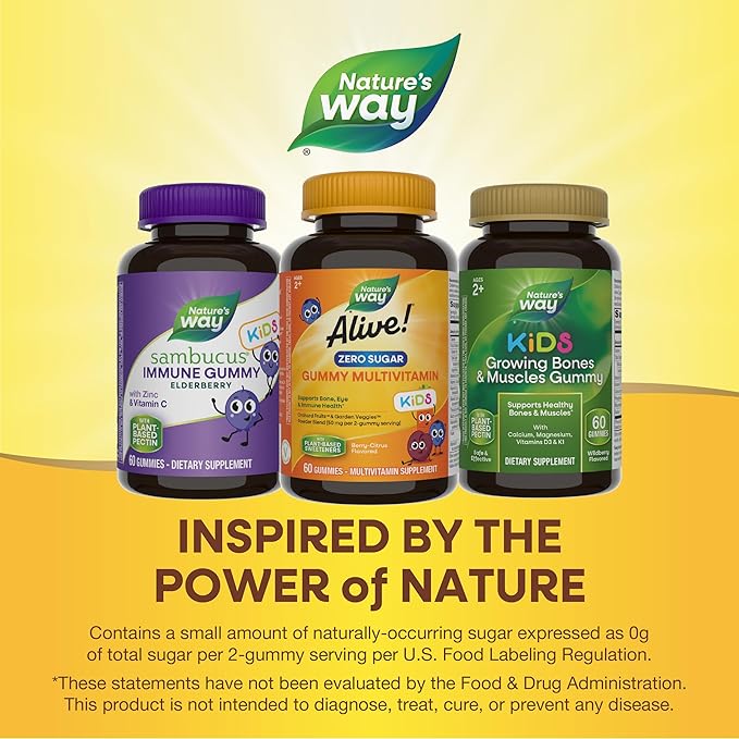 Nature’s Way Alive! Kids Zero Sugar Gummy Multivitamin, for Kids Ages 2+, Supports Bone, Eye & Immune Health, No Sugar Alcohols, Plant-Based Sweeteners, Berry-Citrus Flavored, 60 Gummies