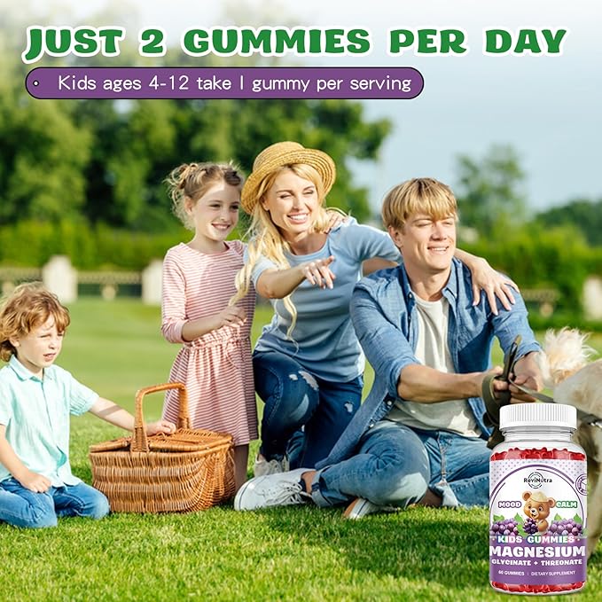Magnesium Complex Gummies for Kids & Adults- Magnesium Glycinate, Threonate Supplement- Support Calm Stress Relief, Bones, Mood Vegan- Sugar-Free Grape Flavor, 60 Gummies
