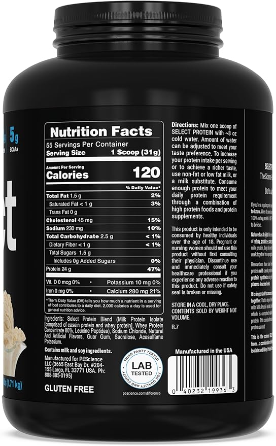 PEScience Select Protein Powder – Gourmet Vanilla, 55 Servings, Whey & Casein Blend for Muscle Growth & Recovery, Low Carb, Low Fat, Gluten-Free, 24g Protein Powder Per Serving, Great Tasting Flavors