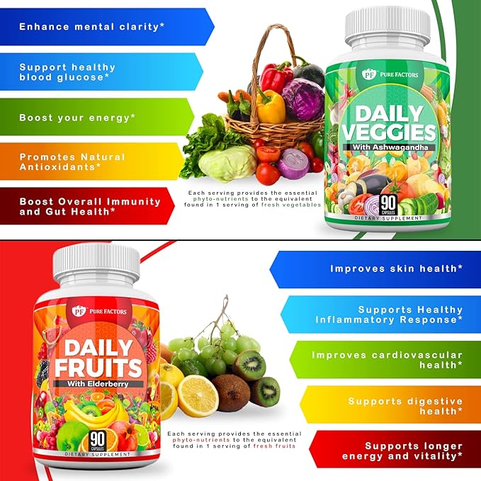 Daily Fruits & Veggies Supplement - Superfood Ashwagandha, Elderberry, Fruit & Vegetable Blend | Immunity & Health Support for Men & Women | 90 Capsules | 2-Pack