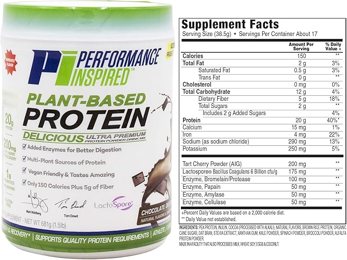 Performance Inspired Nutrition Plant Protein Powder - All Natural - 20G - 1B Probiotics - Digestive Enzymes - Fiber Packed - G Free - Chocolate Delight - 1.5lb
