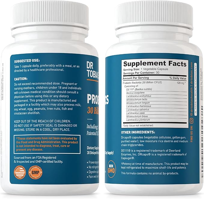 Dr. Tobias Probiotics 30 Billion, 10 Strains, 30 Billion CFU's, Targeted Release Probiotics for Women & Men, Supports Digestive Health, Shelf-Stable, Non-GMO, 30 Capsules, 30 Servings