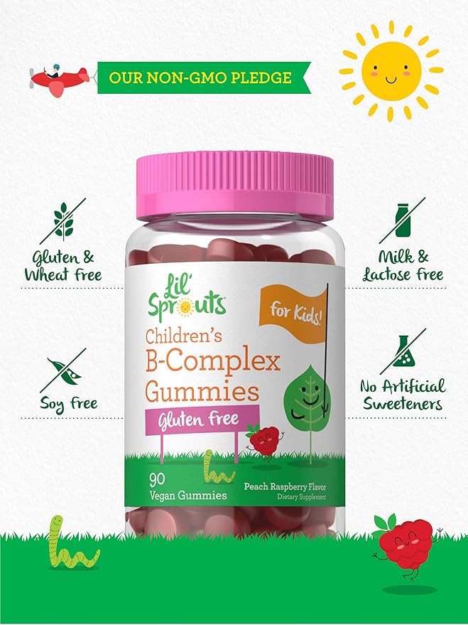 Carlyle Kids B Complex Gummies | 90 Count | Peach Raspberry Flavor | Non-GMO, Gluten Free & Vegan Supplement | Lil' Sprouts
