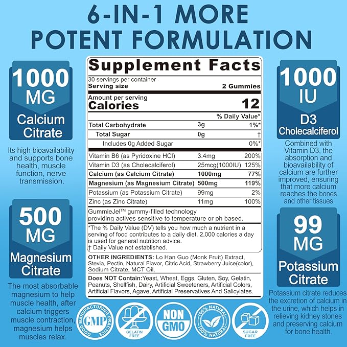 Calcium Citrate Gummies 1000mg, Easily Absorbed Calcium with Magnesium 500mg, Zinc, D3, B6 & Potassium, Chewable Calcium Supplement for Women & Men, Bone & Teeth, Muscle & Immune Support, Vegan 60Cts